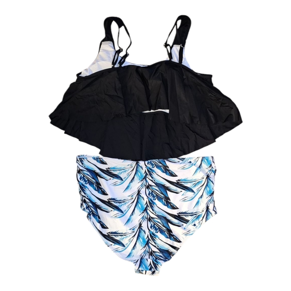 Women's Black Ruffle Top and White and Blue High Waist Bottom. Size 2X. NWOT. - Picture 3 of 4